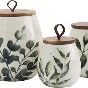 TTU Tabletops Gallery Ceramic Canister Collection- Stoneware Designed Kitchen Storage Acacia Wood White Set, 3 Piece Green Leaf Canister Set