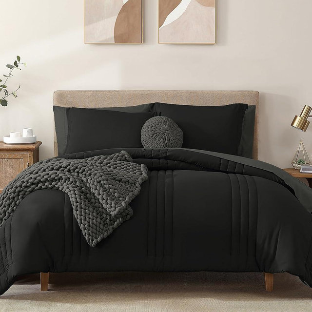 Monbix King Size Comforter Set - 7 Pieces Bed in a Bag King, Black Bedding Sets with Comforter, All Seasons Down Alternative Comforter Bed Set with Sheets, Pillowcases & Shams