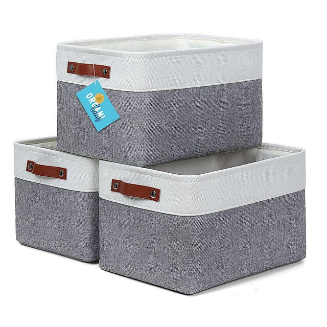 OrganiHaus Large Fabric Storage Baskets for Shelves 3 Pack | 15x11in Closet Storage Bins for Shelves | Cloth Baskets for Organizing | Linen Closet Organizers | Fabric Basket - Gray/White