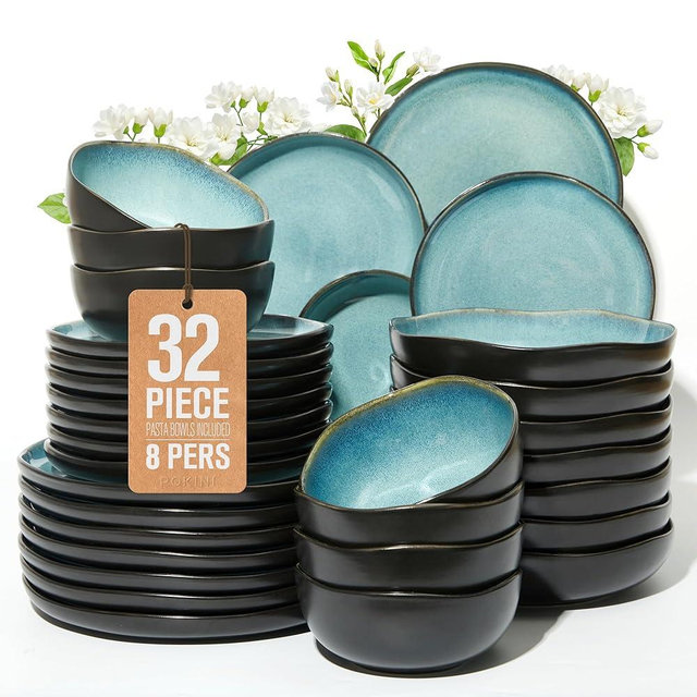 Pokini 32 Piece Dinnerware Set for 8 with Pasta Bowls, Green Black Reactive Glaze Stoneware | All‑in‑One Host Set for Entertaining, Holiday Meals, Multi‑Course Dinners | Unique Irregular Coastal Look