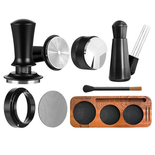 MIGAKU HOME 7 PCS Espresso Accessories Kit, Espresso Tamping Station, Coffee Tamper, Coffee Distributor, WDT Tool, Puck Screen, Dosing Funnel, Cleaning Brush, Barista Tools Set (53mm)