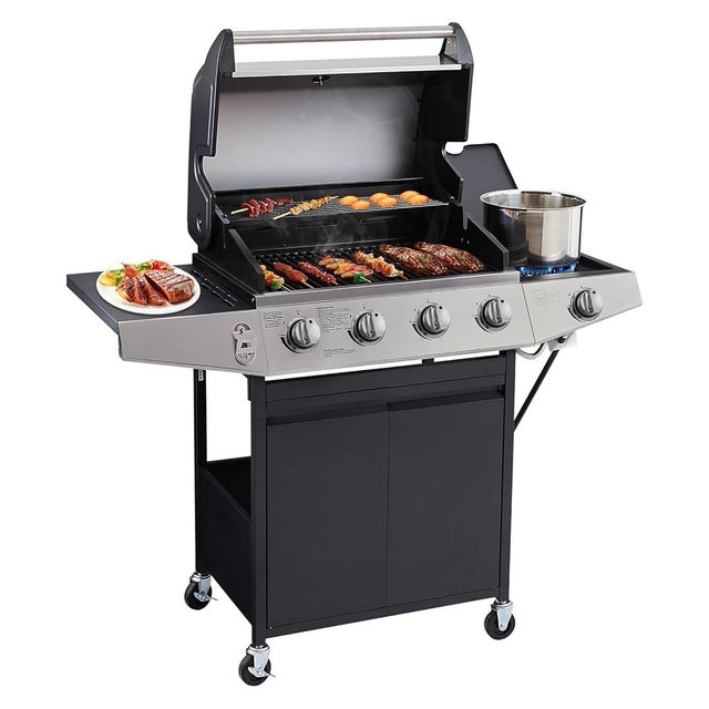 Unovivy 4-Burner Propane Gas Grill with Side Burner, Porcelain-Enameled Cast Iron Grates with 510 SQ.IN. Cooking Area, 49,000 BTU for Outdoor Cooking Kitchen, Garden and Patio Backyard Barbecue