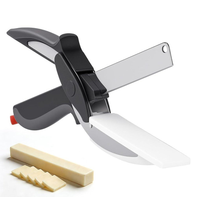 Cheese Scissors, 2 in 1 Cheese Cutting Scissors with Board, Stainless Steel Blade and Plastic Cutting Board, with Safety Lock, Ergonomic Handle, Easy to Use, Ideal for Cutting Block Cheeses
