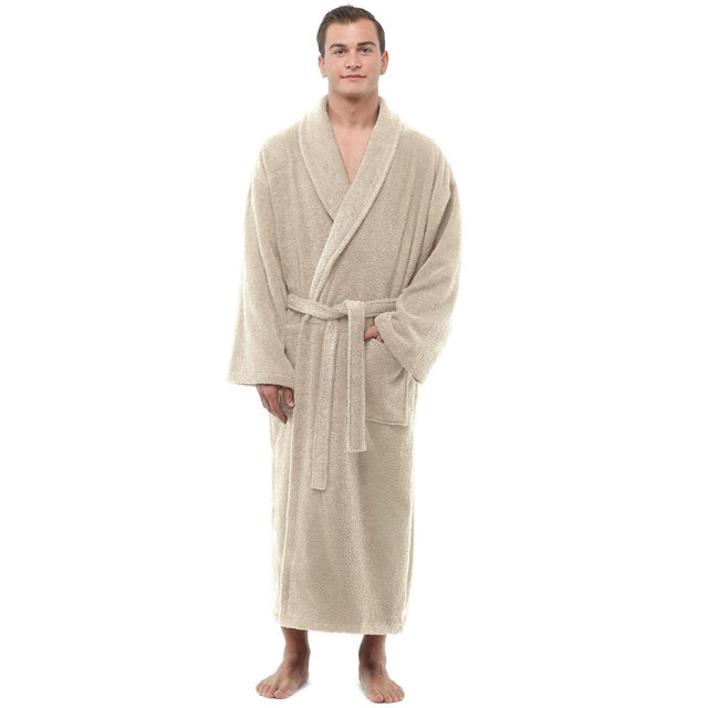 Arus Men's Mid-Calf Turkish Terry Cotton Robe, Shawl Collar Bathrobe , Taupe , XX Large