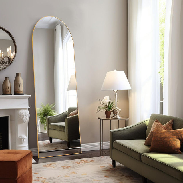 DOMETOUR 21*64 Inch Arched Full Length Mirror Full Body Mirror Floor Mirror Standing Hanging or Leaning Wall, Gold