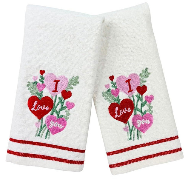 Serafina Home Valentine Embroidered Hand Bath Fingertip Heart Towel Set: Floral I Love You Hearts Bouquet Towels in Pink, Red Green, 2 Pc Set, 12 x 18 inches, 100% Cotton