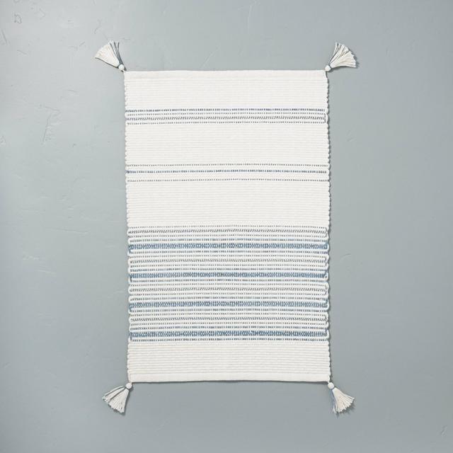 Tonal Stripes Bath Rug with Corner Tassels Sour Cream/Faded Blue - Hearth & Hand™ with Magnolia
