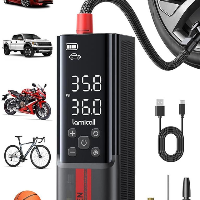 Lamicall Portable Car Tire Inflator - Air Compressor [150 PSI] [4X Faster] Cordless Car Air Pump with Rechargeable Battery, Digital Display Pressure Gauge, LED Light, for Cars, Motorcycles, Bike, Ball