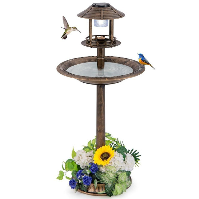 Giantex 42 inch Bird Bath Solar Lighted, Pedestal Bird Bath with Bird Feeder, Flower Planter Base, Solar Powered Lamp, 3 Ground Stakes, Standing Birdbath for Outside Garden Yard Outdoor (Bronze)