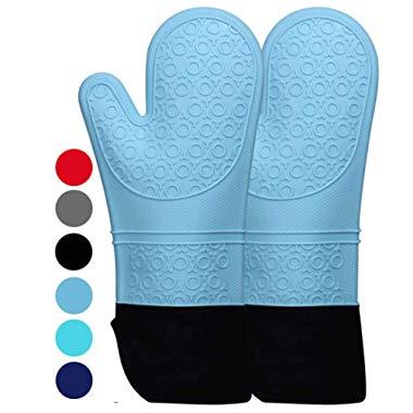 HOMWE Extra Long Professional Silicone Oven Mitt - 1 Pair - Oven Mitts with Quilted Liner - Aqua