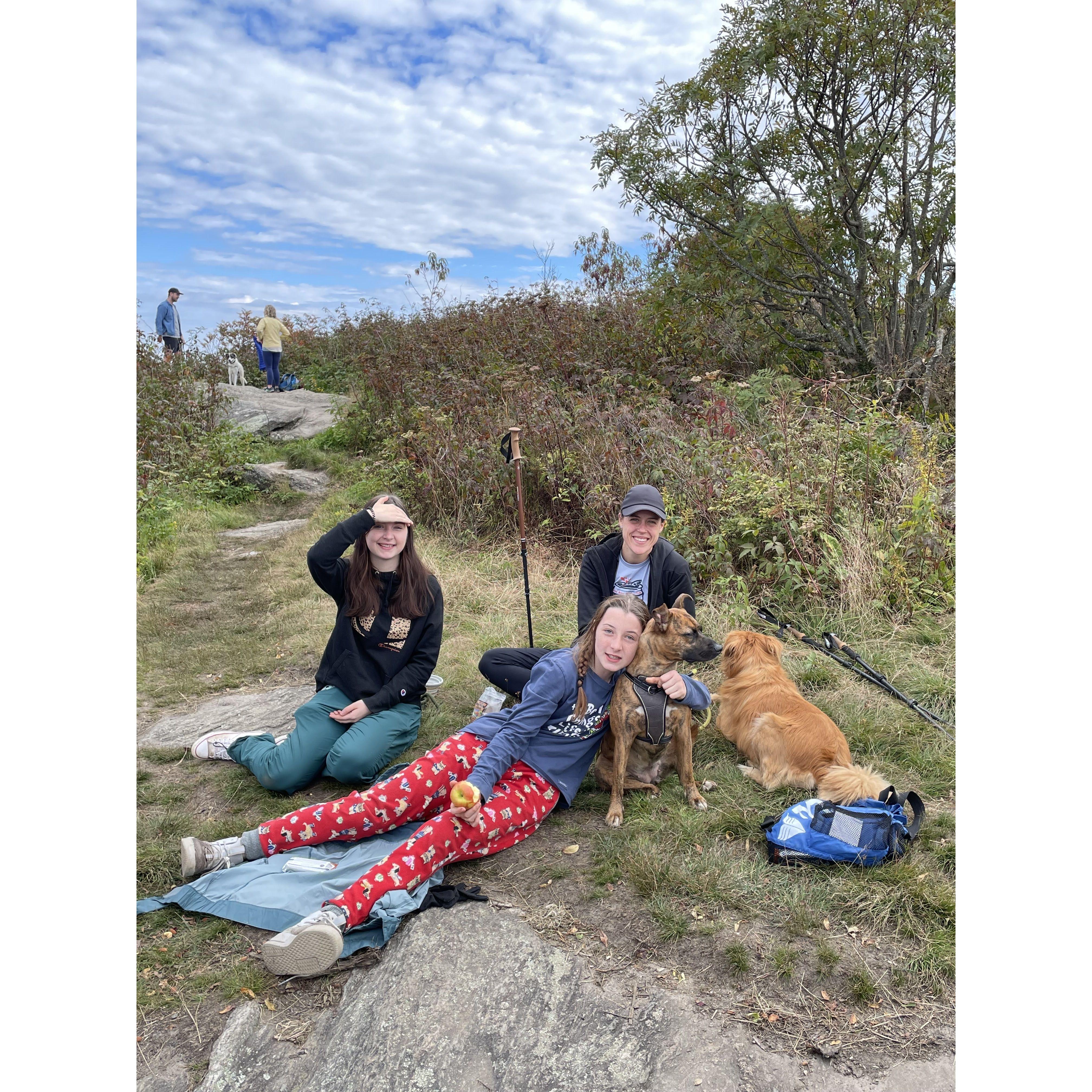 Mary, Willow, Sunny, Pancho and Tiger out Backpacking near Black Balsam Knob.