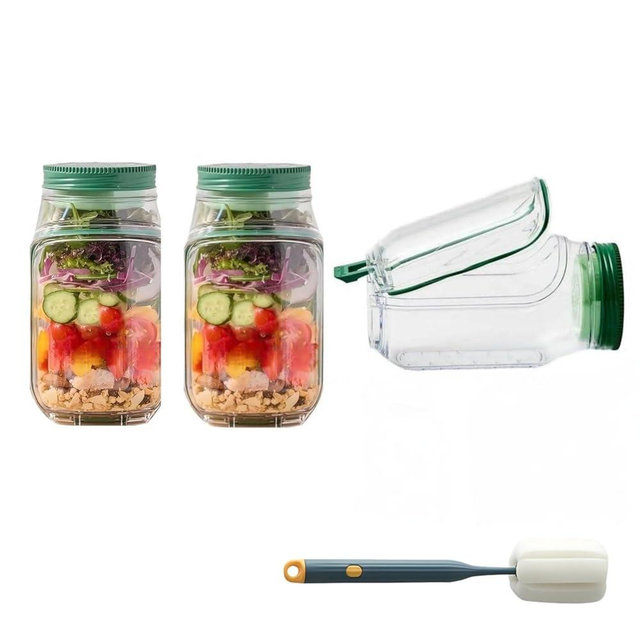 2026 New Salad Jar with Side Opening Leakproof Mason Jar Salad Container with Side Opening Dishwasher Safe Salad Container for Lunch On the Go Salad Jar for On-the-Go Meals (Green version, 2PC)