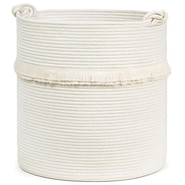 TIMEYARD Large Woven Storage Basket Cotton Rope Decorative Hamper for Magazines, Toys, Blankets, Cute Baby Basket for Organizing, Boho Macrame Basket for Home Nursery Decor, 16'' x 17'', White