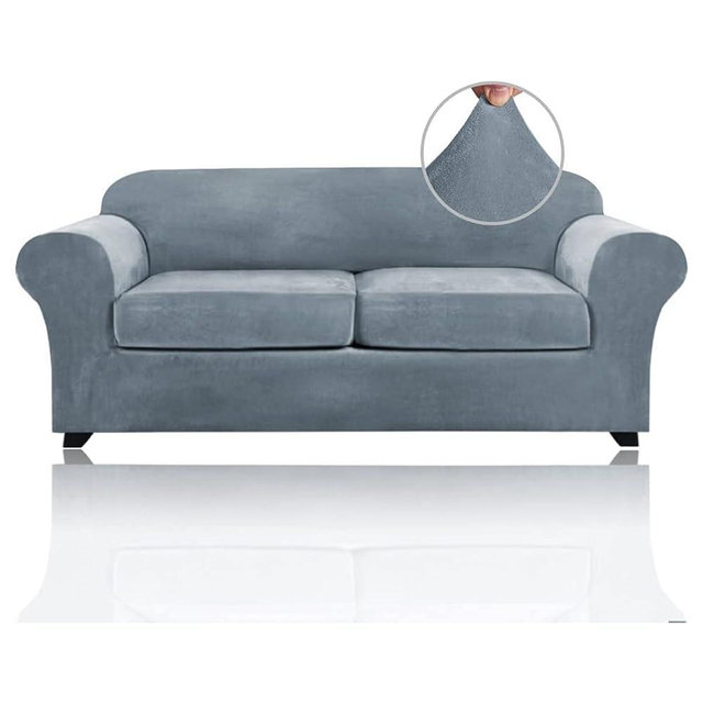 PrinceDeco Couch Cover Velvet Plush Sofa Covers for 2 Cushion Couch Width Up to 90 Inch Washable Furniture Protector Pet Friendly No Slip Sofa Slipcover(Medium-Large,Stone Blue)