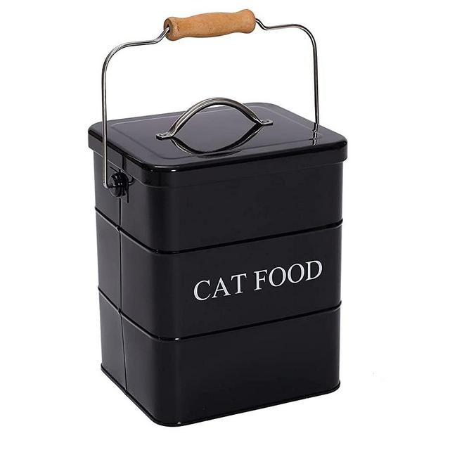 Geyecete Cat Treats tin and cat Food Storage Tin with Lid & with Spoon for cat Food Storage, Medium Pet Food Storage Can-Cat Food-Black