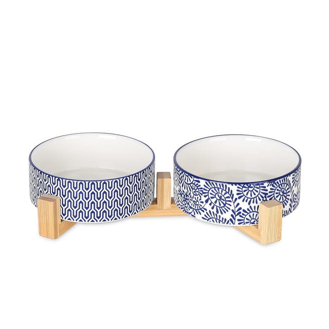 Selamica Ceramic 14 OZ Dog Bowls, Dog Food and Water Bowls with Wooden Stand, Anti-Slip Dogs Dishes Set for Cats & Small Dogs, Weighted Pet Bowls Set of 2, Vintage Blue B