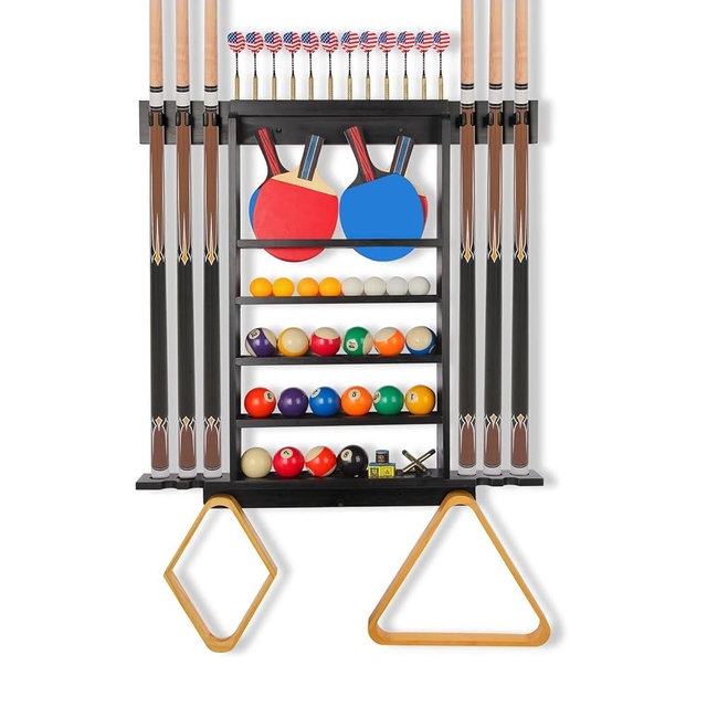 Onemacc Pool Stick Holder Wall Mount, Pool Cue Rack, Ping Pong Paddle Holder, Dart Holder 3-IN-1,100% Solid Wood Billiard Cue Racks,12 Steel/Soft Tip Darts and Table Tennis Accessories for Man Cave