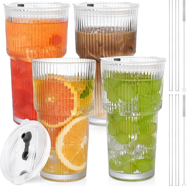 AFINSEA 20OZ Glass Tumbler with Straw and Lid,Glass Cups with Lids and Straws,4PCS Ribbed Iced Coffee Cups Vintage Glassware for Juice Whiskey Cocktail Beer