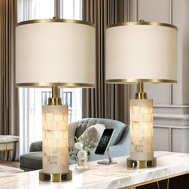 KIVDITZO Handcrafted Real Marble Nightstand Lamp Set of 2 with Night Light USB Ports White Linen Shade Bedside Lamp for Living Room Bedroom Home Office Hotel Bar(Led Bulb Included)