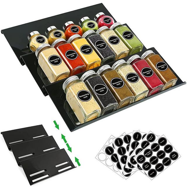 BEZONO Spice Drawer Organizer for Kitchen & Cabinet with Spice Labels, 3 Tier Adjustable Acrylic Spice Rack Drawer Organizer for Countertop, Spice Jars, Seasoning (Black)