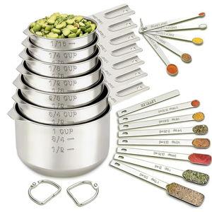 EWFEN Measuring Cups and Spoons Set, 7 Stainless Steel Nesting Measuring Cups & 7 Spoons, 5 Mini Measuring Spoons &1 Leveler, Kitchen Gadgets for Cooking & Baking, Square
