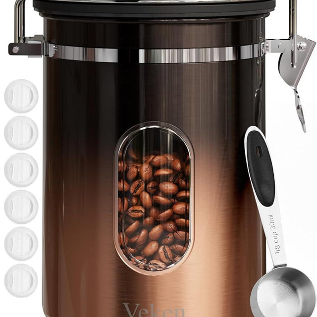 Veken Coffee Canister with Window for Cereal, Grounds Coffee, Beans, Tea, Flour, Sugar, Airtight Stainless Steel Kitchen Food Storage Container with Date Tracker and Scoop, 22OZ, Copper