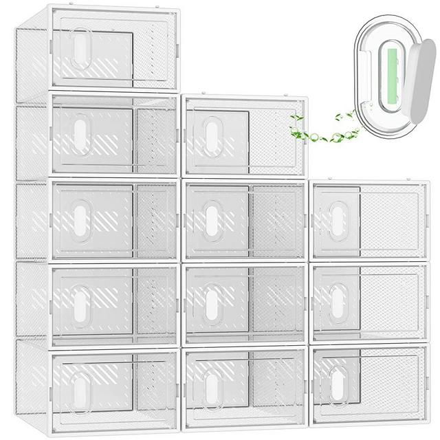 Shoe Box, 12 Pack Shoe Storage Boxes Clear Plastic Stackable, Shoe Organizer Containers with Lids for Size 10
