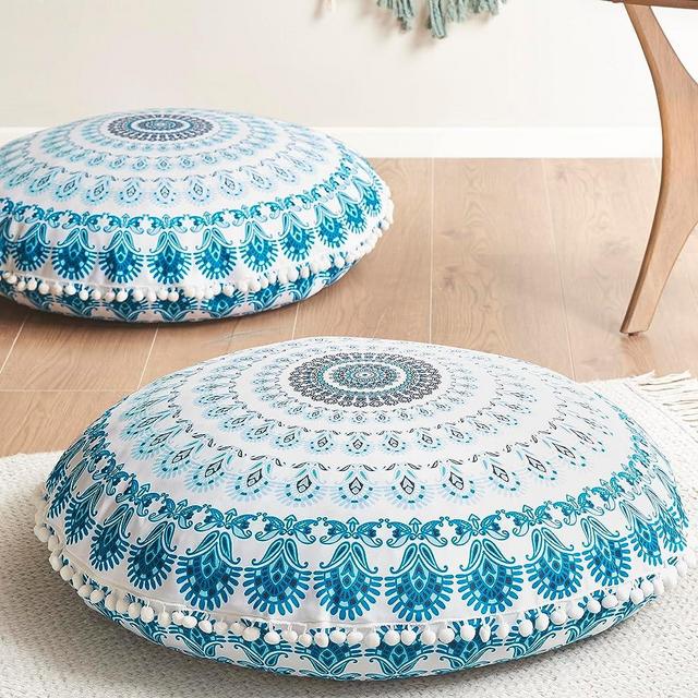 HIGOGOGO Turquoise Meditation Pillow for Floor, Square Bohemian Mandala  Cotton Linen Indian Style Cushion Pillow for Yoga Living Room Balcony Kids