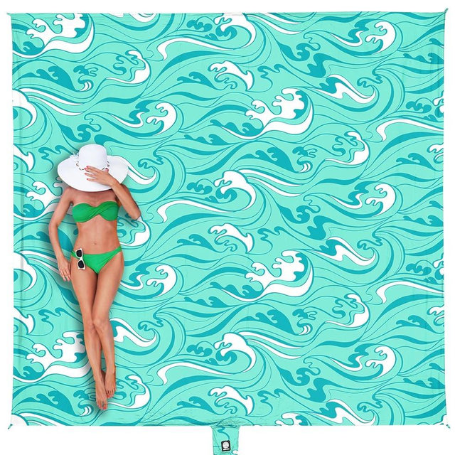 WEKAPO Beach Blanket Waterproof Sandproof Oversized Extra Large Sand Free Beach Mat with Stakes, Storage Bag - Essentials for Outdoor Beach, Picnic (Turquoise Ocean Waves, 11 X 9 FT (1~10 Person))