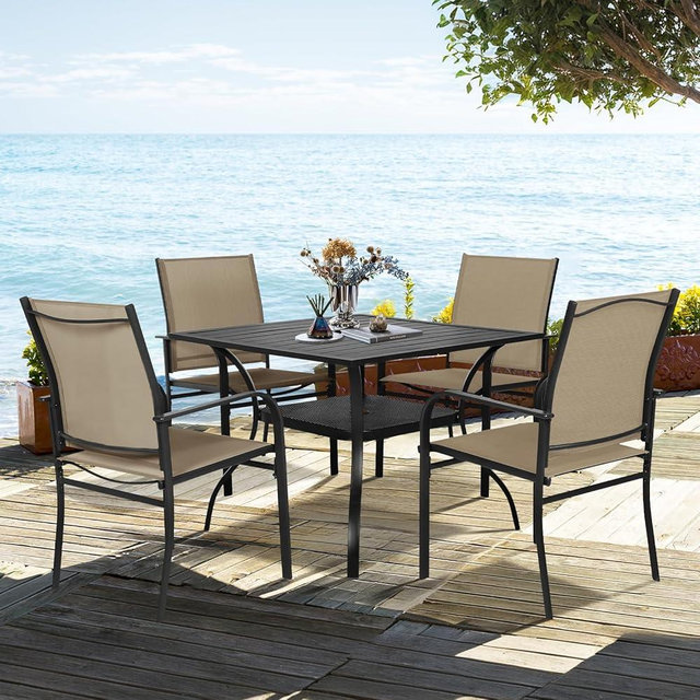 SUNCROWN 5 Pieces Outdoor Dining Set, Patio Furniture Set with 4 x Textilene Dinning Chairs and 1 Steel Slat Metal Bistro Table for Lawn Garden Backyard Deck - Brown
