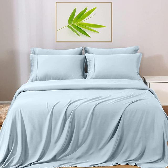 GOKOTTA Bamboo Sheets Queen Size - Cooling Sheets, Comfortable Bed Sheets 4 Pieces, 16" Deep Pockets, Breathable & Soft, Light Blue