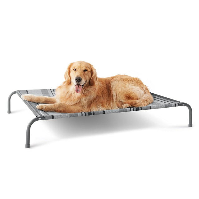 Bedsure Large Elevated Cooling Outdoor Dog Bed - Raised Dog Cot for Large Dogs, Portable Indoor & Outdoor Pet Hammock with Skid-Resistant Feet, Breathable Mesh, Striped Grey, 49 inches