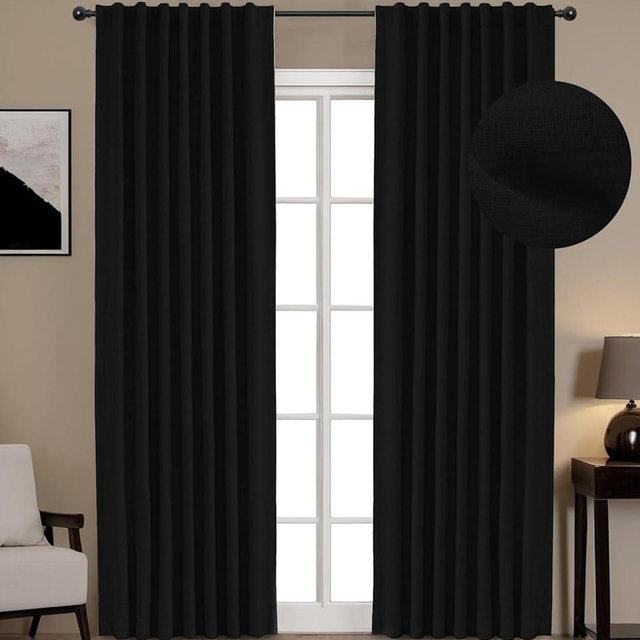 INOVADAY 100% Blackout Curtains 84 Inches Length 2 Panels Set, Back Tab/Rod Pocket Linen Black Out Curtains for Bedroom, Thermal Insulated Window Drapes - Black, W50 X L84