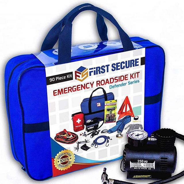 Car Emergency Kit First Aid Kit – Premium, Heavy Duty Car Roadside Emergency Kit – Jumper Cables, Portable Air Compressor, Tow Strap, Tire Pressure Gauge, Headlamp – Car Accessories for Women and Men