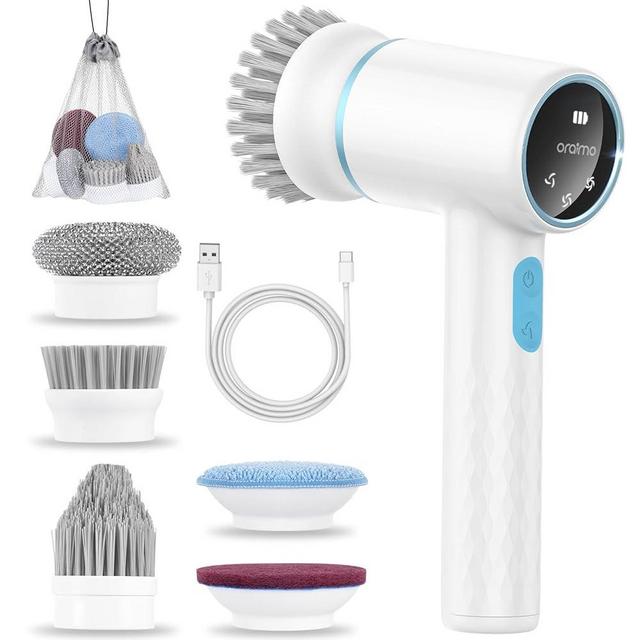 Oraimo Electric Spin Scrubber, Cordless Bathroom Scrubber with 5 Replacement Heads, 1.5H Bathroom Scrubber with 3 Kinds of Speeds, Lightweight Shower Cleaning Brush with IPX7 Water Proof, Type-C Cable