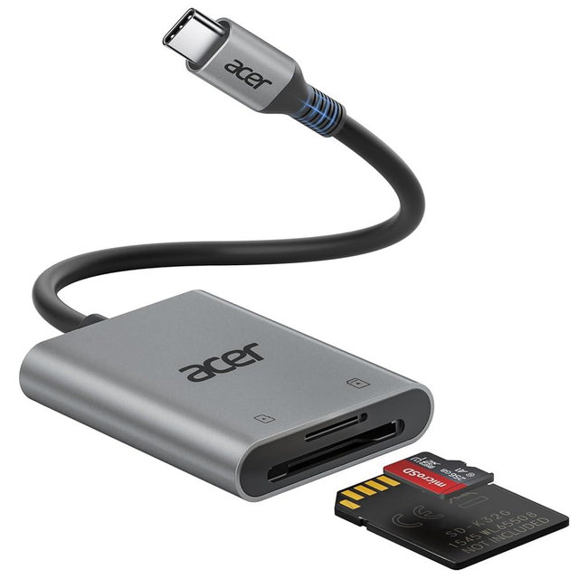 Acer SD Card Reader USB C, Dual Slots Type C to Memory Card Reader, Aluminum Micro SD Card Camera Adapter for MicroSD, SDHC, SDXC, Compatible with iPhone17/16/15, MacBook Neo/Pro/Air, iPad, Laptop