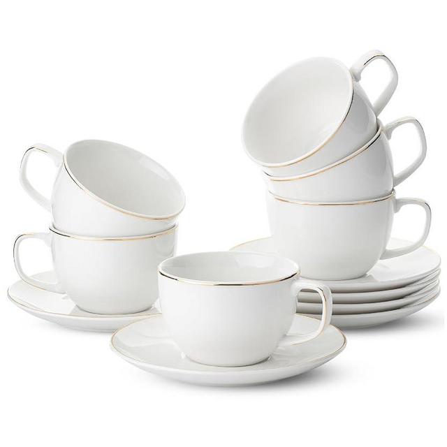 BTaT- White Tea Cups and Saucers, 6oz, Tea Cups Set of 6 with Gold Trim, Porcelain Tea Cups, White Cup & Saucer Sets, White Tea Cup Set of 6, Tea Cup Sets, Tea Cups and Saucers Set of 6