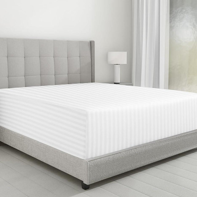 California Design Den Luxury Cotton Sateen Damask Stripe Queen Size Fitted Sheet Only - Soft 100% Cotton Sateen, Deep Pocket Bottom Fitted Sheet, Hotel Quality with a Foot Side Indicator - White