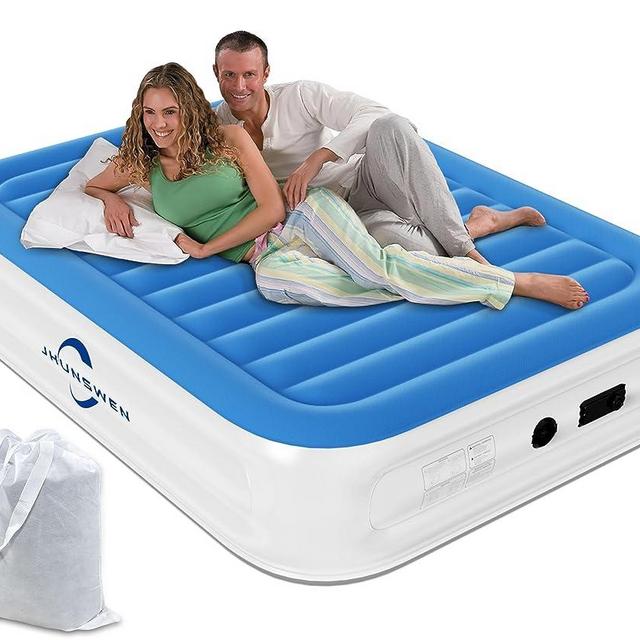 Queen Air Mattress with Built in Pump, JHUNSWEN 18" Double-High Durable Inflatable Mattress with Flocked Top, Quick Inflation/Deflation Inflatable Bed for Camping,Travel&Guests, Blow up Bed for Home
