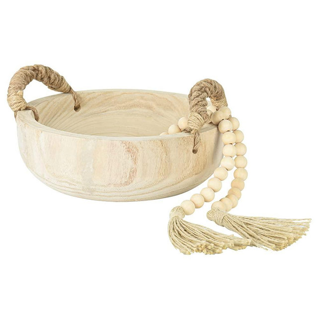Paulownia Wood Bowl Rustic Natural Wooden Serving Bowl Handmade Fruit Round Bowl with Rope Handle and Wood Bead Garland for Home Decor Parties Tabletop Centerpiece 9.5 inches