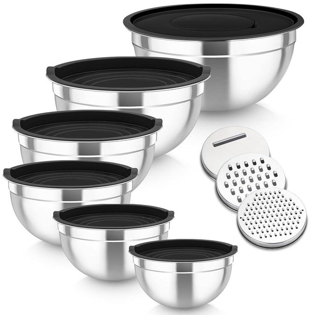 TeamFar Mixing Bowls Set of 6, Stainless Steel Nesting Mixing Salad Bowl with 3 Grater Attachments, for Food Cooking Prepping Storing, Black - Size 4.6/2.6/2 / 1.5/1 / 0.7 QT