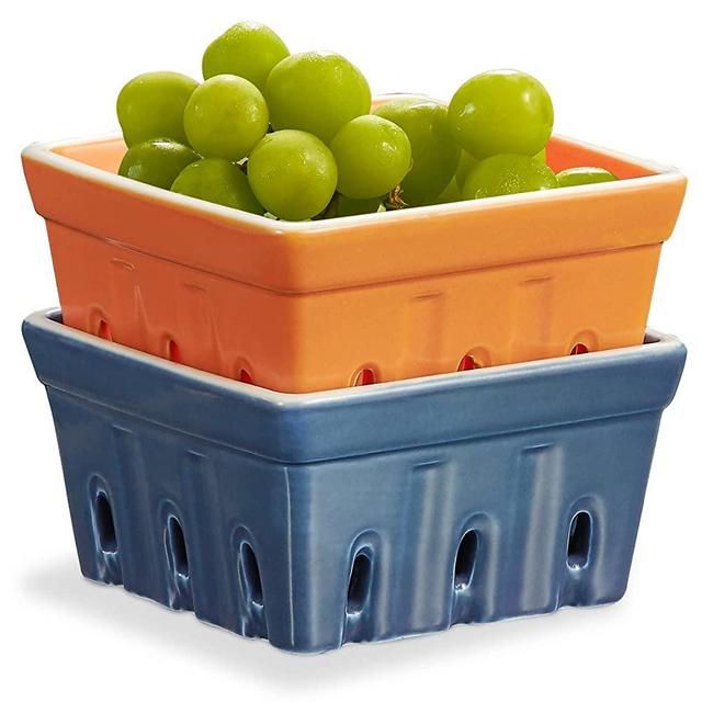 ONEMORE Ceramic Berry Basket, Square Fruit Bowls, Rustic Stoneware Berry Colander Set of 2, Orange & Blue