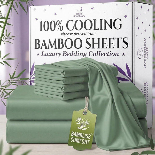 SLEEP SANCTUARY 100% Viscose Derived from Bamboo Sheets Queen Size 6pcs – BamBliss Luxury Cooling Sheets for Hot Sleepers - Cloud Soft, 17" Deep Pocket, Ultra Durable Bed Set (Sage Green)
