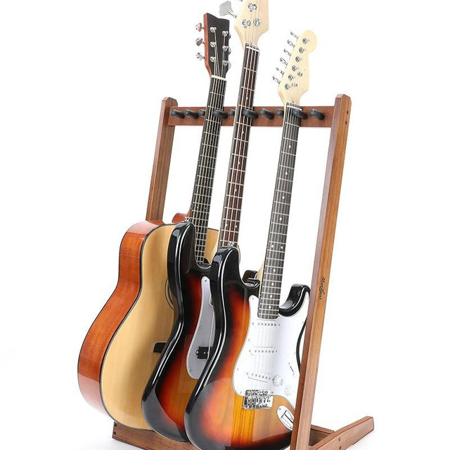 Musbeat Multiple Guitar Stand, Zebra Wood Guitar Rack for 3 Acoustic, 5 Electric or 5 Bass, Hardwood Multi Instrument Stand for Men, Wooden Floor Instrument Racks for Studio Display, Home Decor