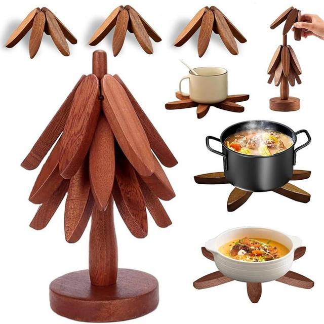 Wood Natural Tree Trivet Set, Christmas Tree Shape Trivets for Hot Dishes, 3-Piece Wooden Set with Stand for Pots, Bowls, Teapots (Dark Brown)