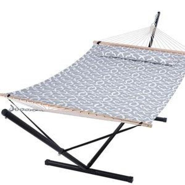 SUNCREAT 55 Inch Extra Large Double Hammock with Stand, 475lbs Capacity, Outdoor Portable Hammock with Hardwood Spreader Bar, Extra Large Pillow, Grey