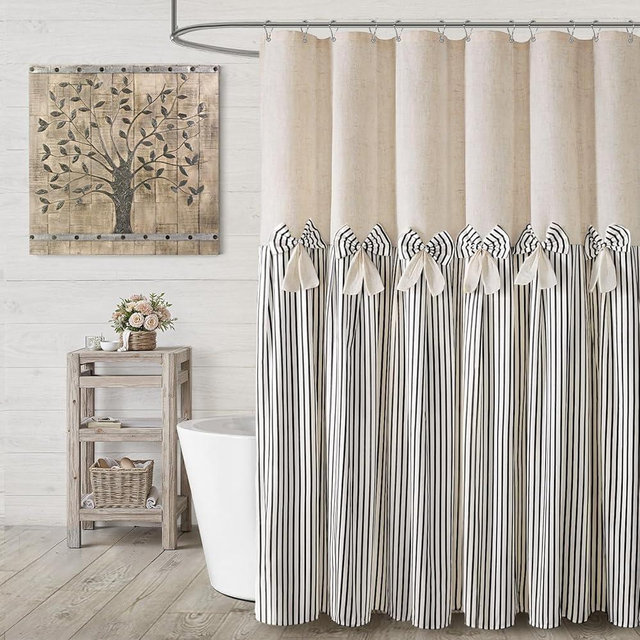 XOGUIBO Farmhouse Shower Curtain Linen Bow Woven Fabric Country Rustic Western, Pleated Black Stripe 72" W x 72" L