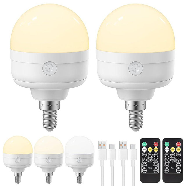 Rechargeable Light Bulb with Remote - E12 2Pack 5W 350LM Dimmable Detachable LED Bulb 3 Color Temperature Options & 3 Timer, 2000mAh Battery Operated Magnetic Bulbs, Bulbs for Non-Hardwired Fixture