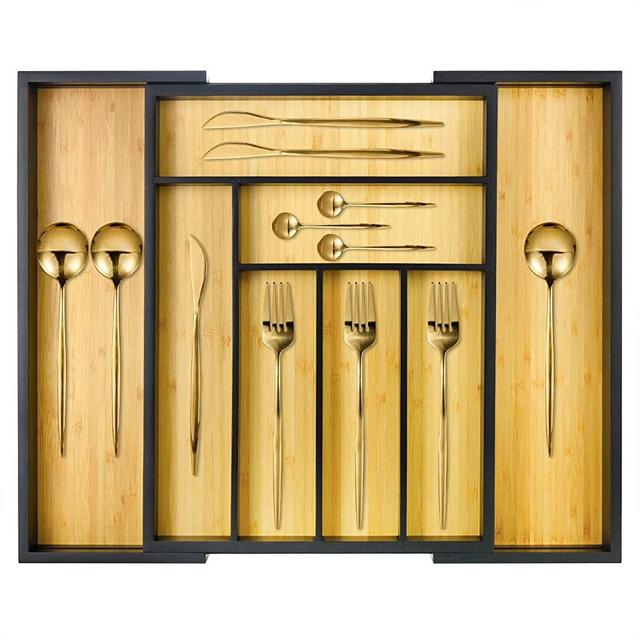 Cozee Bay Bamboo drawer organizer, utensil holder, silverware organizer, and adjustable cutlery tray with drawer dividers, for kitchen, office desk, and bathroom storage (Black)