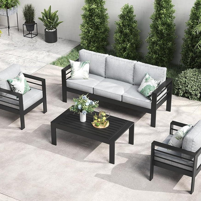 LayinSun Outdoor Aluminum Furniture Set, 4 Pieces Patio Sectional Conversation Chat Sofa Modern Seating Set with Coffee Table
